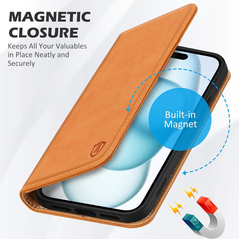 SHIELDON Hülle für iPhone 15 Plus, 5G Schutzhülle [Rindsleder] [Kartenfach] [Magnetverschluss] [Stan