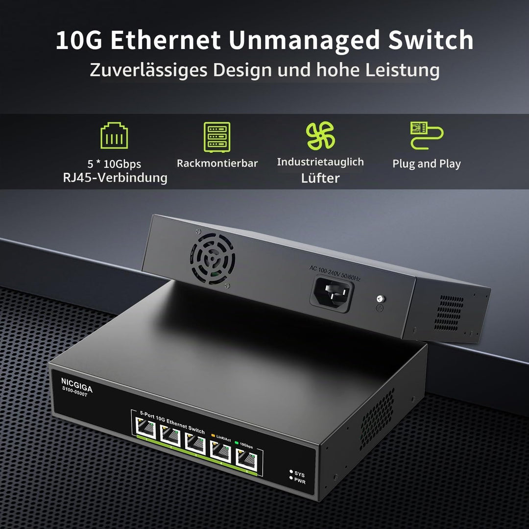 5 Port 10G Ethernet Switch Unmanaged,with 5X 10Gb Base-T RJ45 Ports, NICGIGA 10Gbps Network Switch E