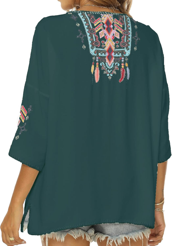 Vakakado Boho Stickerei Bluse Hippie Kleidung Damen 70er 80er Jahre Bekleidung Bohemian Folklore Bes