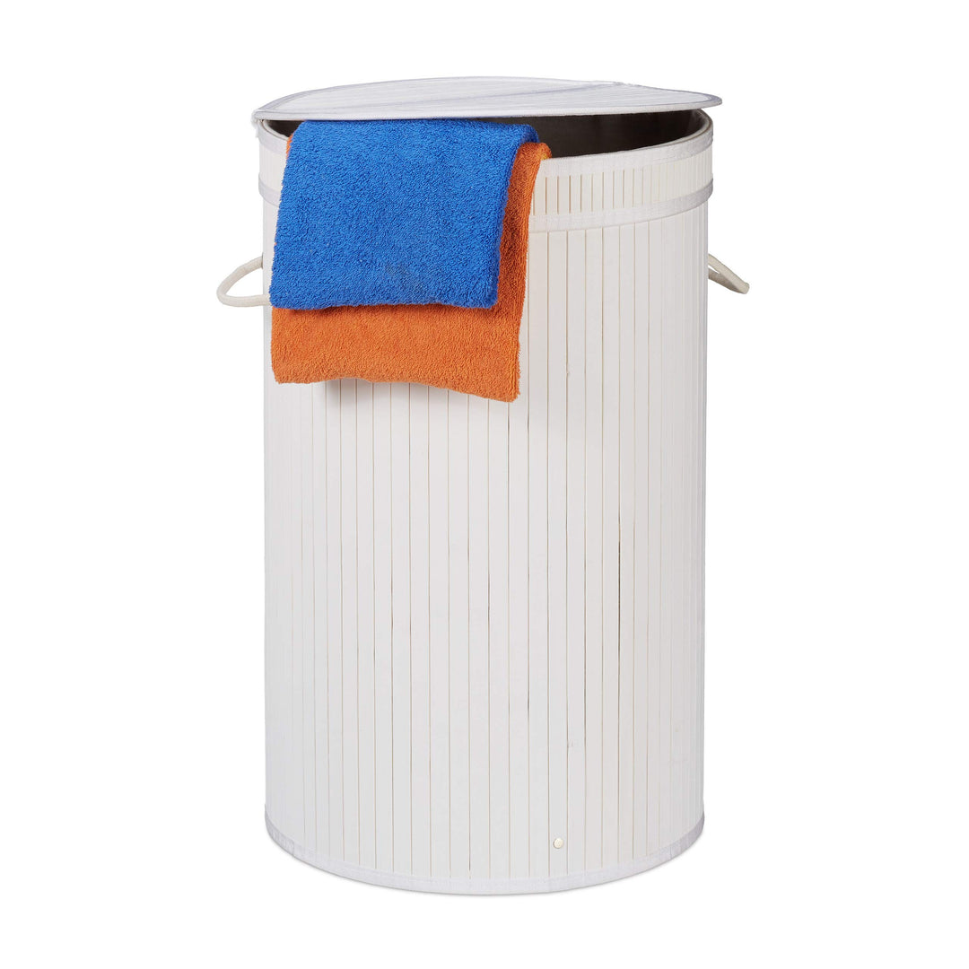 Relaxdays 1 x Wäschekorb Bambus, runder Wäschesammler mit Klappdeckel, 65 l, Faltbare Wäschetonne, Ø