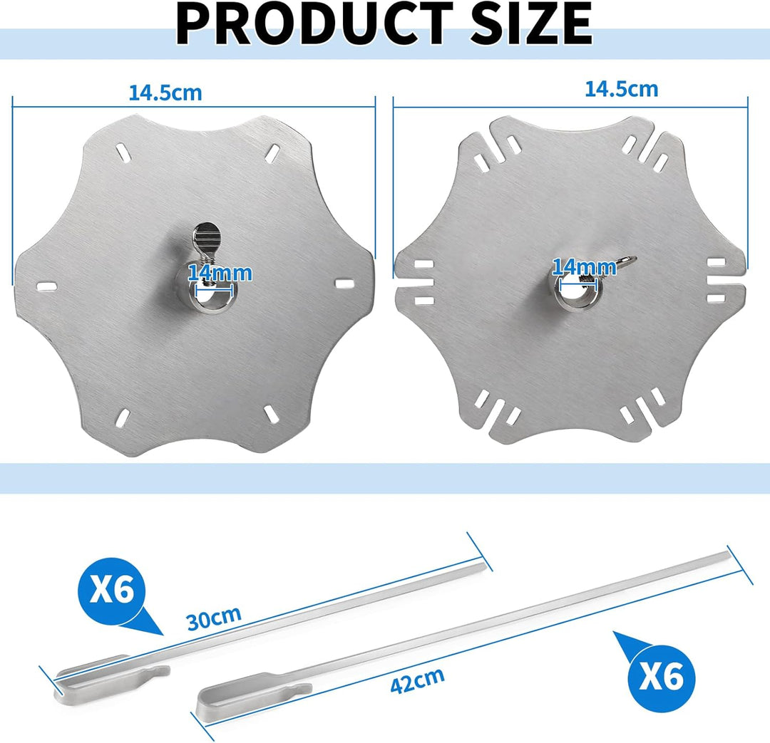 Edelstahl Rotisserie Spiess Set für Drehspiess bis Ø14mm, Spiess-Rondell Inkl. 6 Langen (41cm) & 6 k