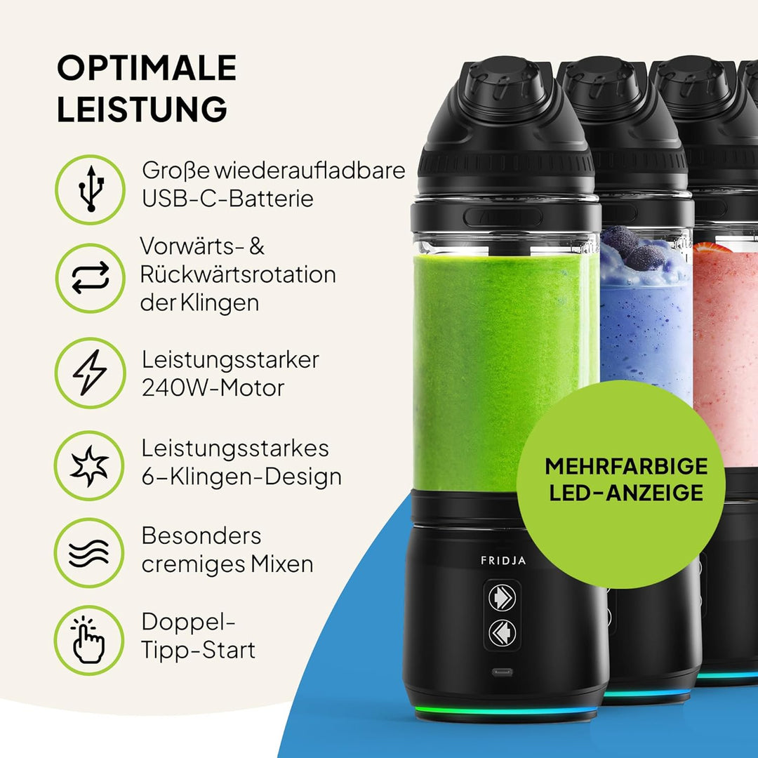 Fridja F500 Tragbarer Mixer – Premium USB-C wiederaufladbar, auslaufsicher &amp; kompakt – BPA-frei, 6 g