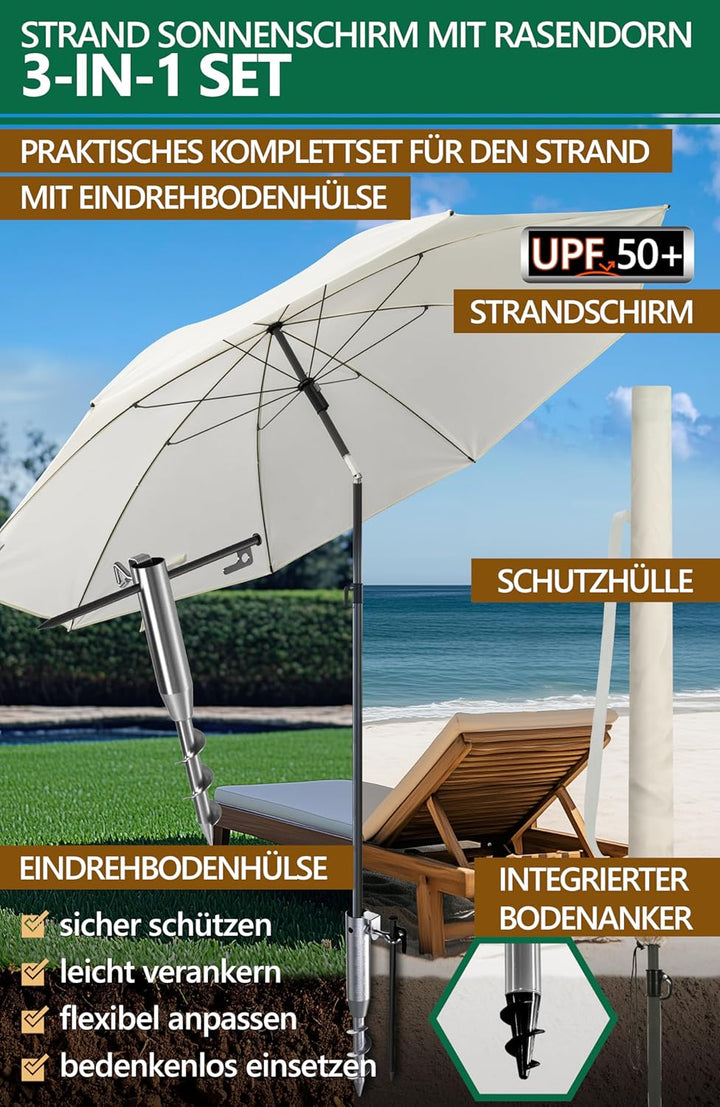4smile Sonnenschirm Strand 3-in-1 Set, Ø 180 cm, Beige, Strandschirm Windfest Stabil, UV50 Sonnensch