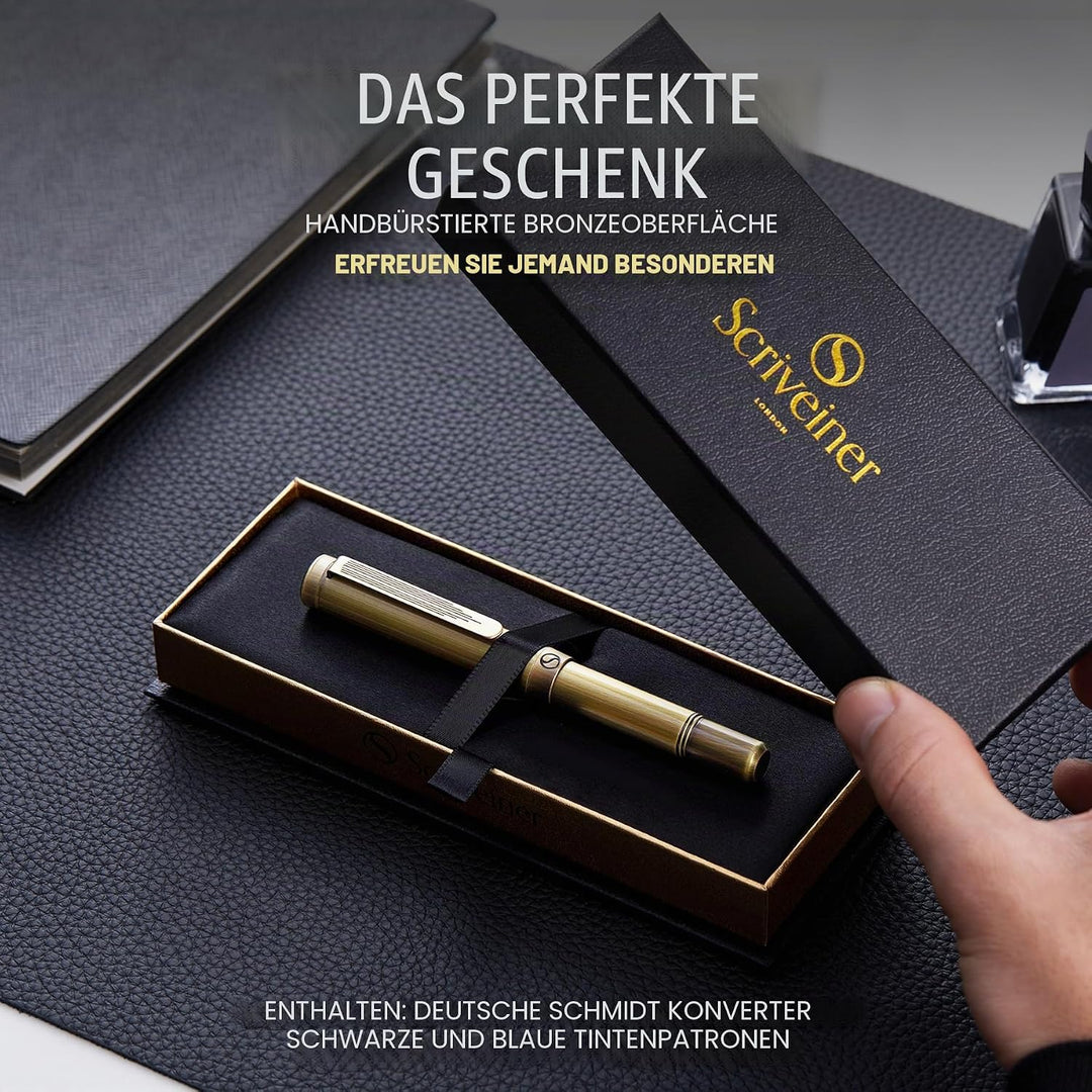 Scriveiner Luxus EDC Füllfederhalter (fein), schwerer Messing-Taschenfüller, Handgebürstetes Finish,