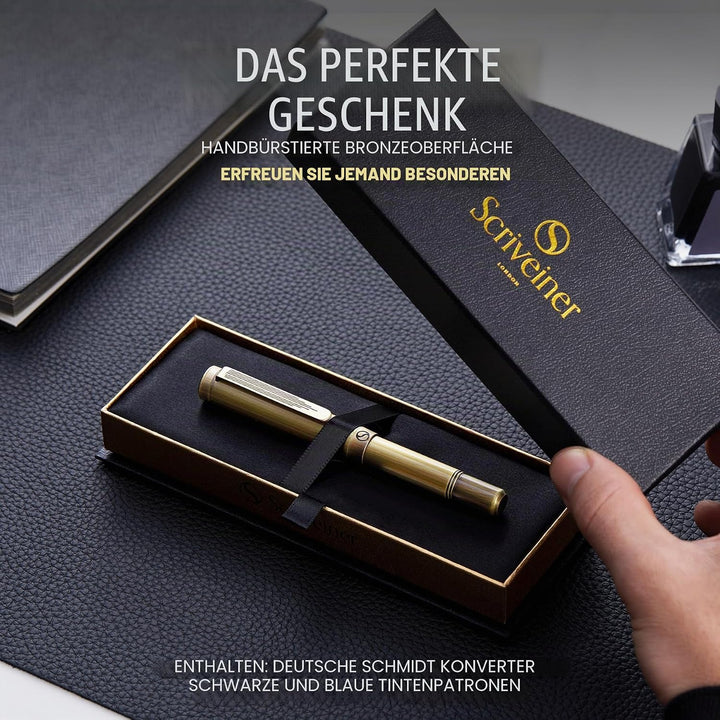 Scriveiner Luxus EDC Füllfederhalter (fein), schwerer Messing-Taschenfüller, Handgebürstetes Finish,