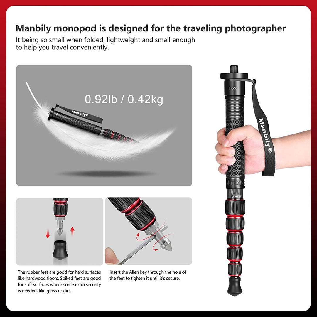 Manbily Kamera-Einbeinstativ aus Kohlefaser 168cm Einbeinstativ mit Gehstockgriff für Kameras Stände