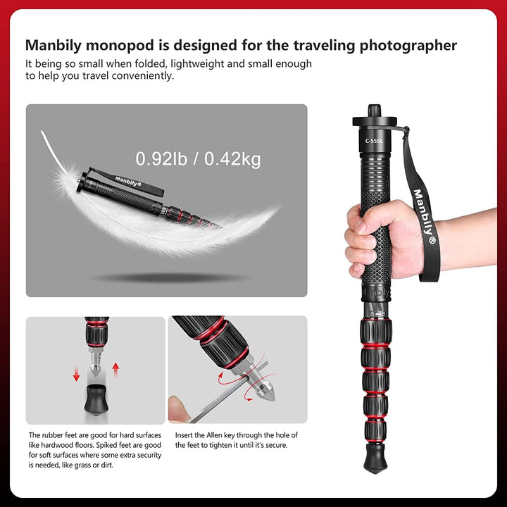 Manbily Kamera-Einbeinstativ aus Kohlefaser 168cm Einbeinstativ mit Gehstockgriff für Kameras Stände