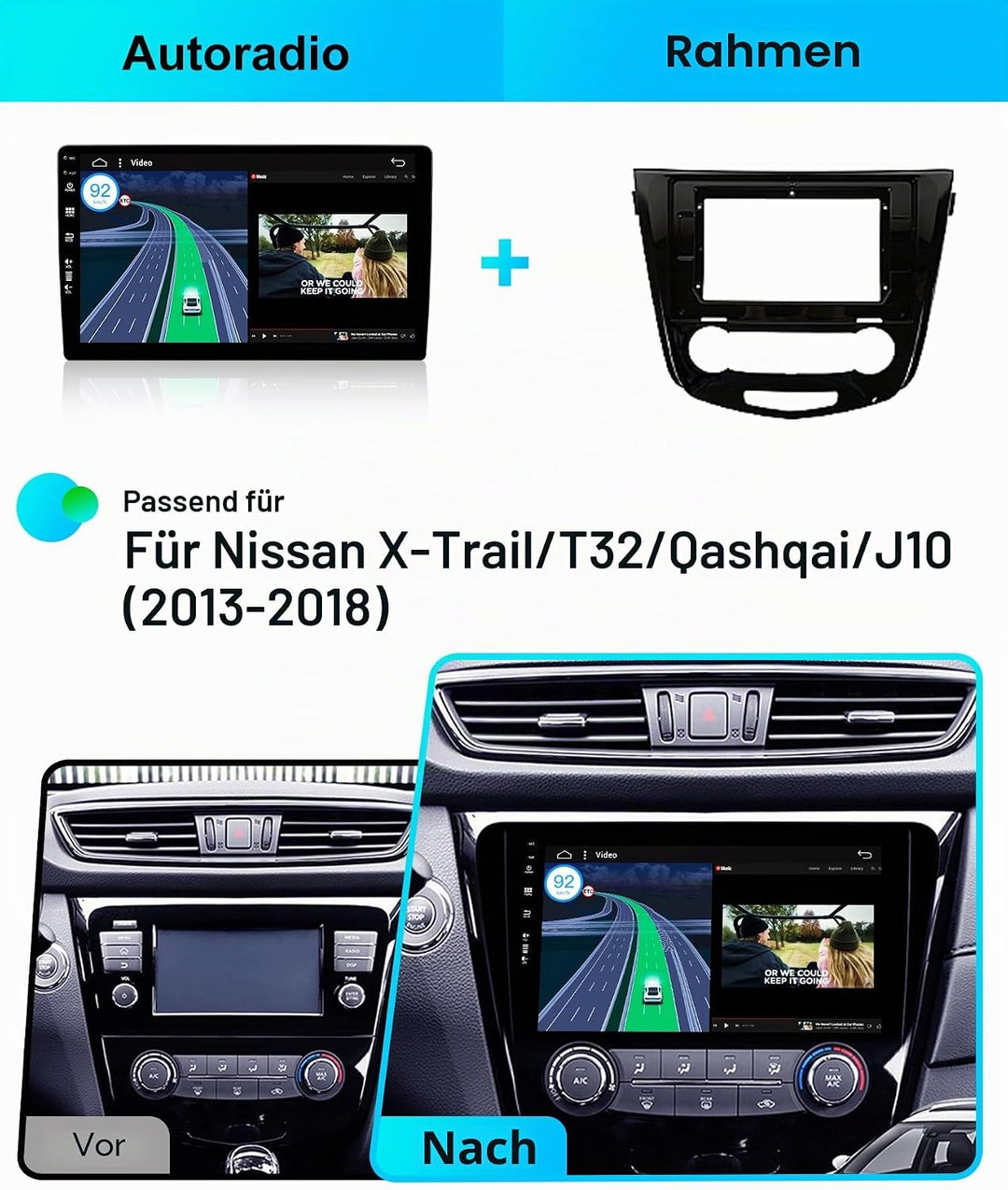 Android 15 IPS Autoradio für Nissan Qashqai J11 X-Trail Rouge (2014-2018) - Eingebautes CarPlay Andr