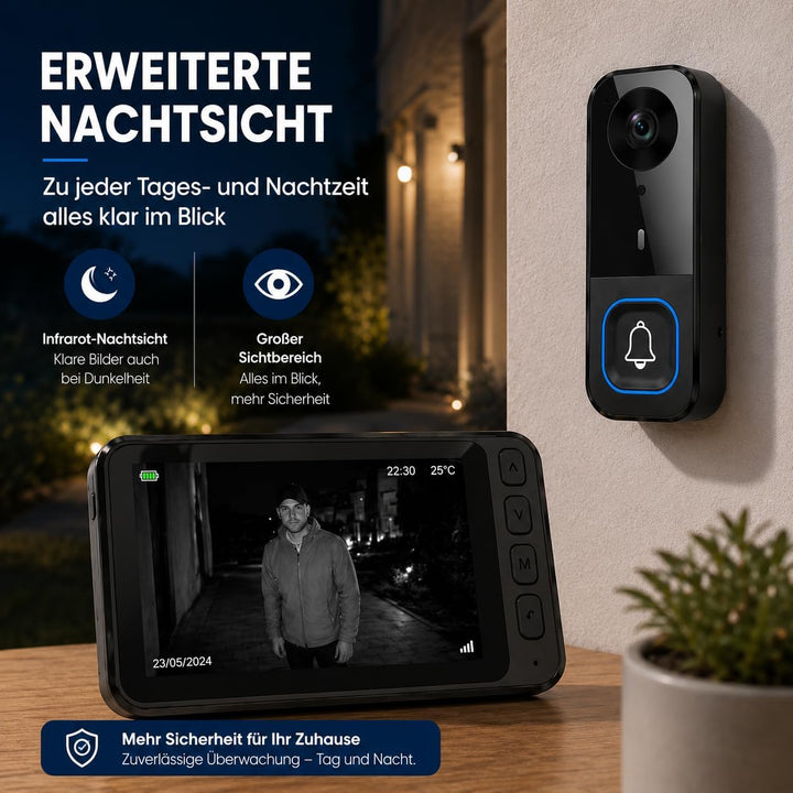 TKMARS Türklingel mit Kamera Kabellos 120° Weitwinkel Klingel mit Kamera und Monitor 2.4G Video Türk