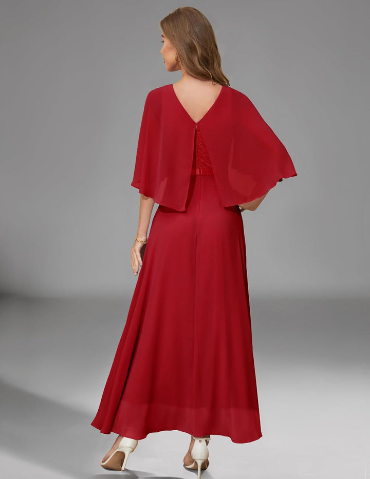 DRESSTELLS Abendkleid Damen Festlich Spitzenkleid für Hochzeit Chiffon Cape Ärmel Ballkleid Elegant