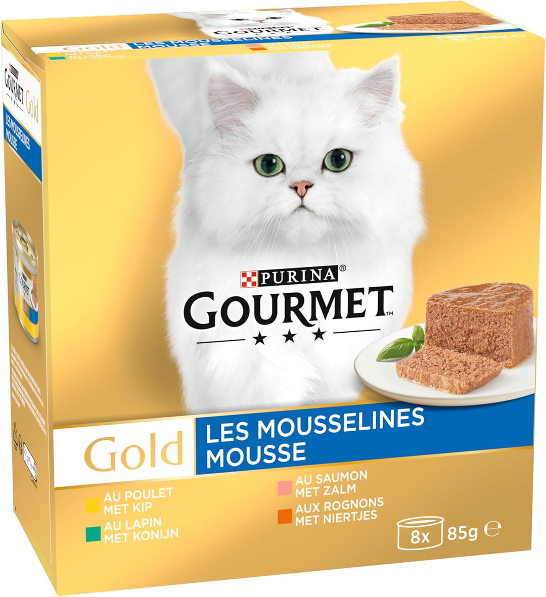 Gourmet Gold Mousse Katzenfutter, Nassfutter mit Huhn, Lachs, Nieren und Kaninchen - 8x85g - 6er Box