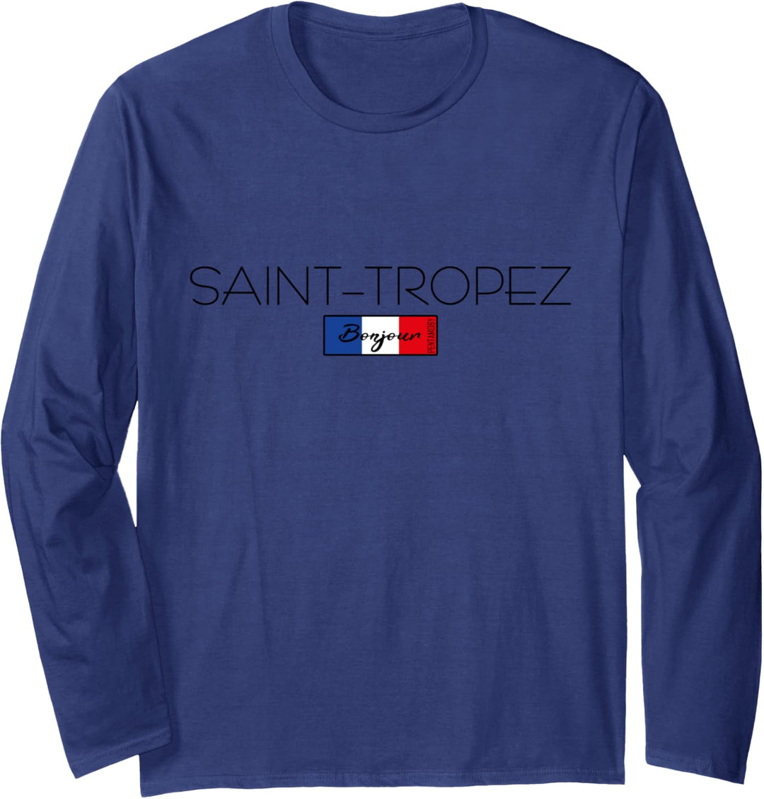 Saint-Tropez Frankreich Urlaub Sommerparty schwarze Schrift Langarmshirt