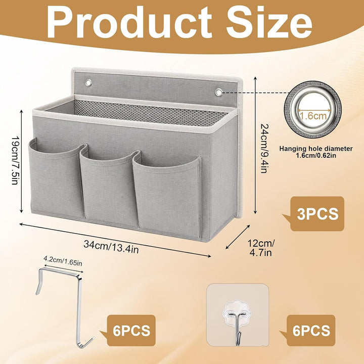 3 Stück Hängeorganizer Grau aus Baumwolle und Leinen mit 5 Fächer | Wand Organizer Tasche mit 12 Hak