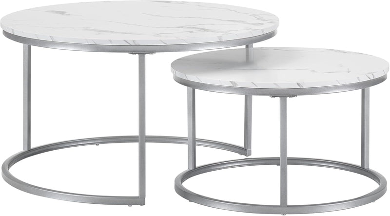 hitsuki Couchtisch, Marmor Couchtisch Silber, Couchtisch Rund 2er Set, Wohnzimmertisch weiss aus Met