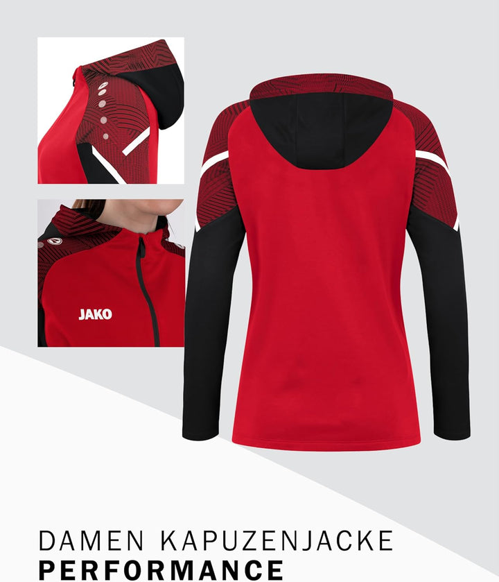 JAKO Damen Kapuzenjacke Performance, Royal/Weiss/Marine, 34, 6897 128 Rot/Schwarz, 128 Rot/Schwarz