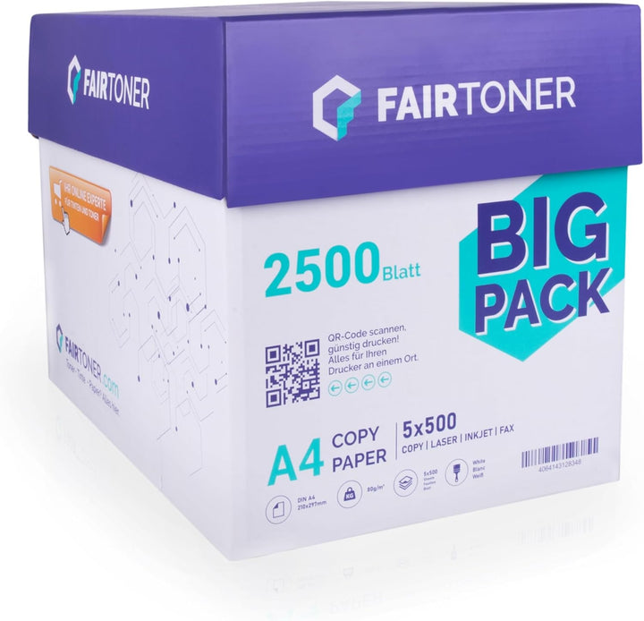 FairToner Kopierpapier 2500 Blatt DIN-A4 80g, Weiss (5 x 500 Blatt / 5er Pack) Universal Druckerpapi