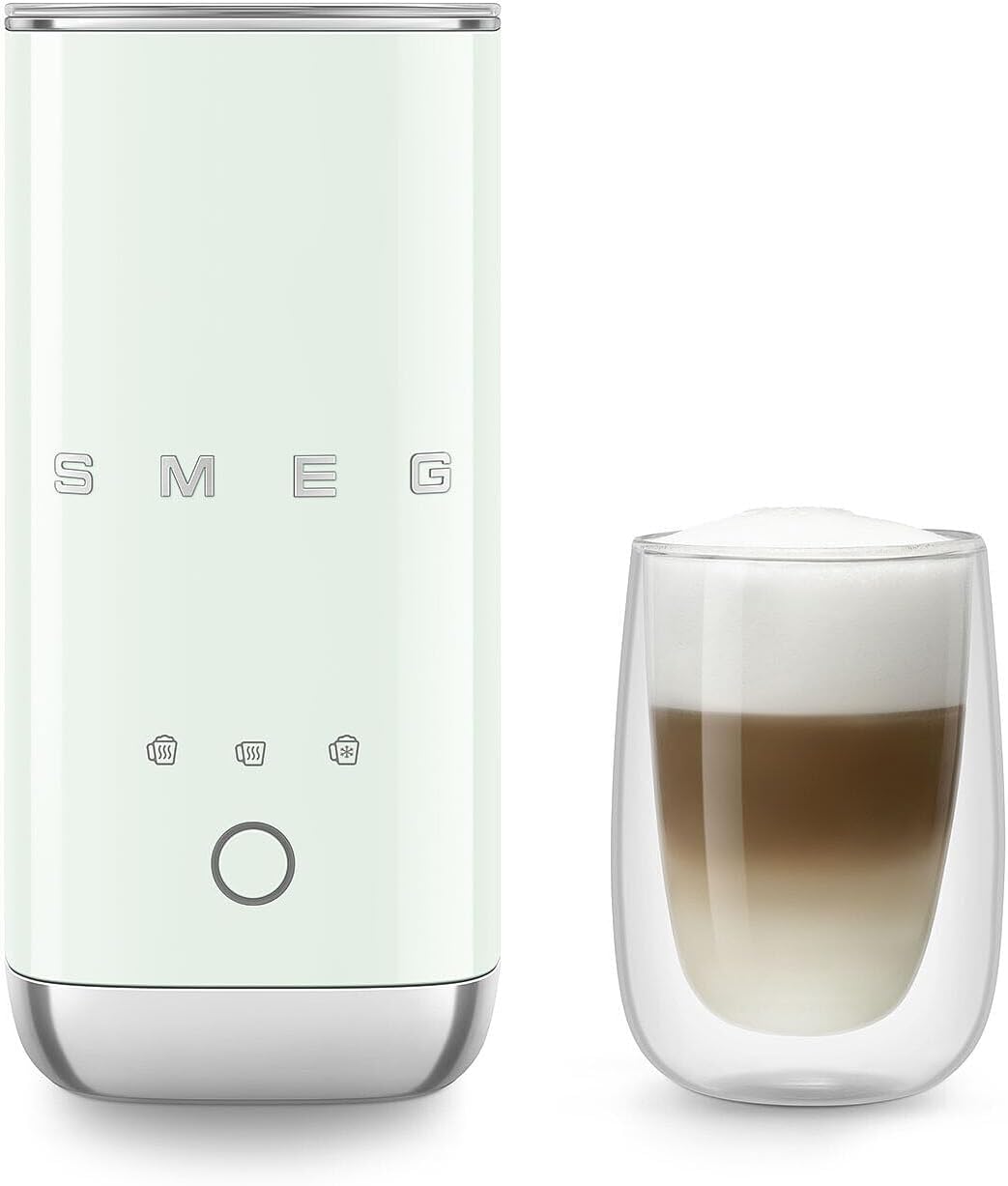 Smeg, MFF02PGEU Elektrischer Milchaufschäumer, 3 Getränkefunktionen, abnehmbarer Schneebesen, Antiha