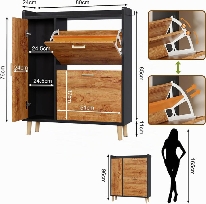 Schuhschrank mit 2 Klappen Schmal Schuhschrank mit 2 Flip-Schuhregal 1 Aufbewahrungsschrank und 2 Ha