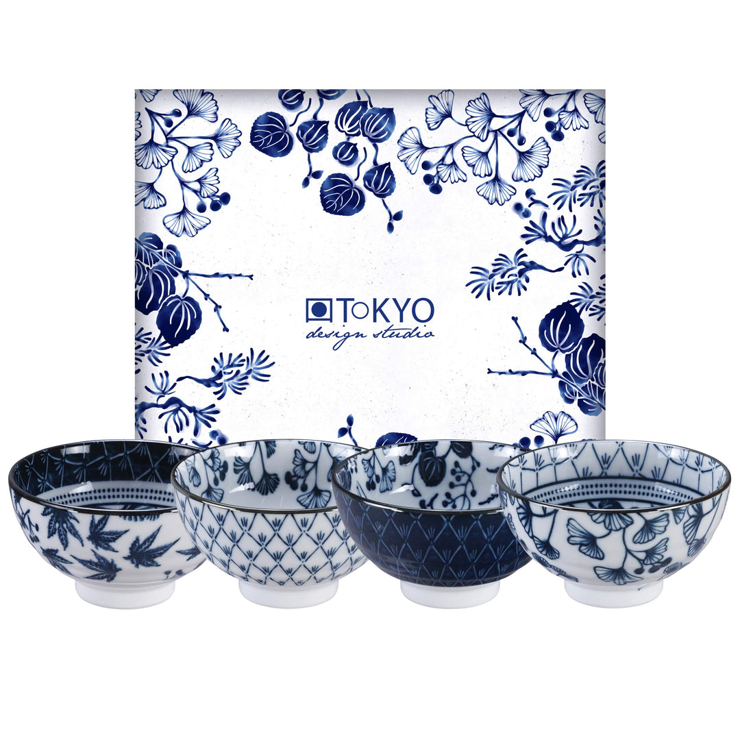 TOKYO design studio Flora Japonica 4-er Schalen-Set blau-weiss, Ø 12 cm, 6,3 cm hoch, ca. 300 ml, as