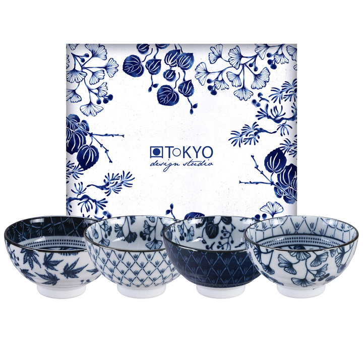 TOKYO design studio Flora Japonica 4-er Schalen-Set blau-weiss, Ø 12 cm, 6,3 cm hoch, ca. 300 ml, as