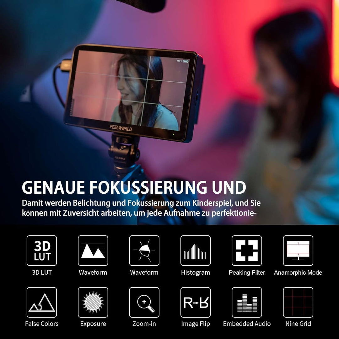 Feelworld F5 Pro V4 6 Zoll Touchscreen 3D LUT DSLR Kamera Field Monitor mit externem Kit Installiere
