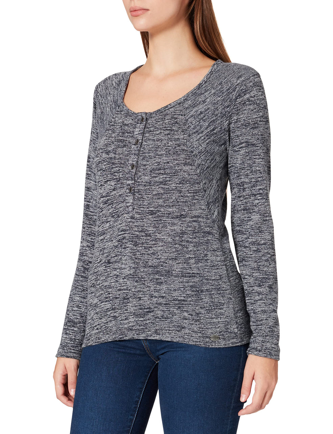 Timezone Damen Slim Henley Longsleeve T-Shirt XS Black Melange, XS Black Melange
