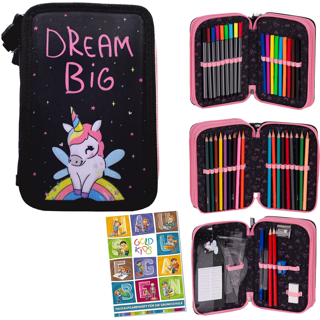 Goldkids Federmappe Federtasche Einhorn Motiv 3-fache Federmäppchen 45-teilig gefüllte Schüleretui S