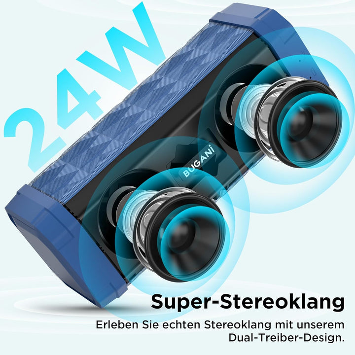 BUGANI Bluetooth Lautsprecher, Musikbox Bluetooth mit 5.4, 24H Stunden Akku, Bass-Treibern, IPX5 Was