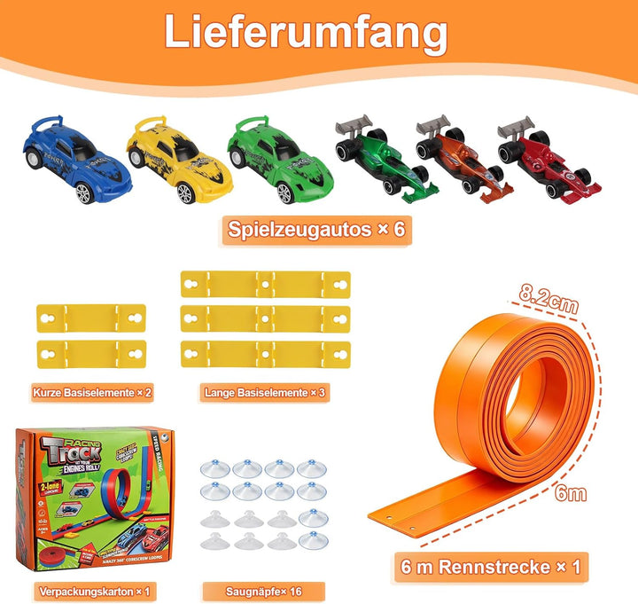Flexible Autorennbahn Kinder, 6m Autobahn Kinder mit 6 Autos, tragbare Doppel-Rennbahn &amp; Rampe für 1