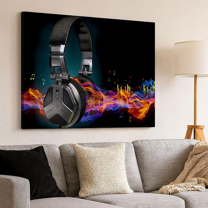 ARTTOR Bilder auf Leinwand Feuer Audio Kopfhörer Leinwandbild 70x50cm Wandbilder Dekoration Wohnzimm