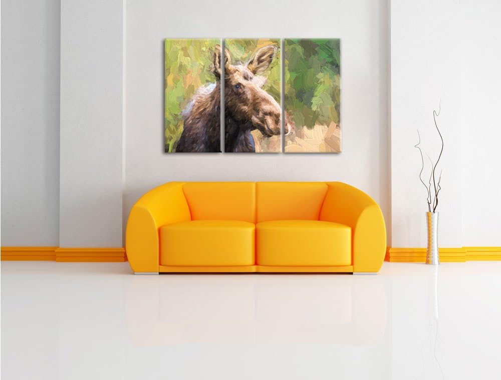 Pixxprint Elch im Wald Kunst als Leinwandbild/Grösse: 3 Teilig (120x80) / Wandbild/Kunstdruck/fertig