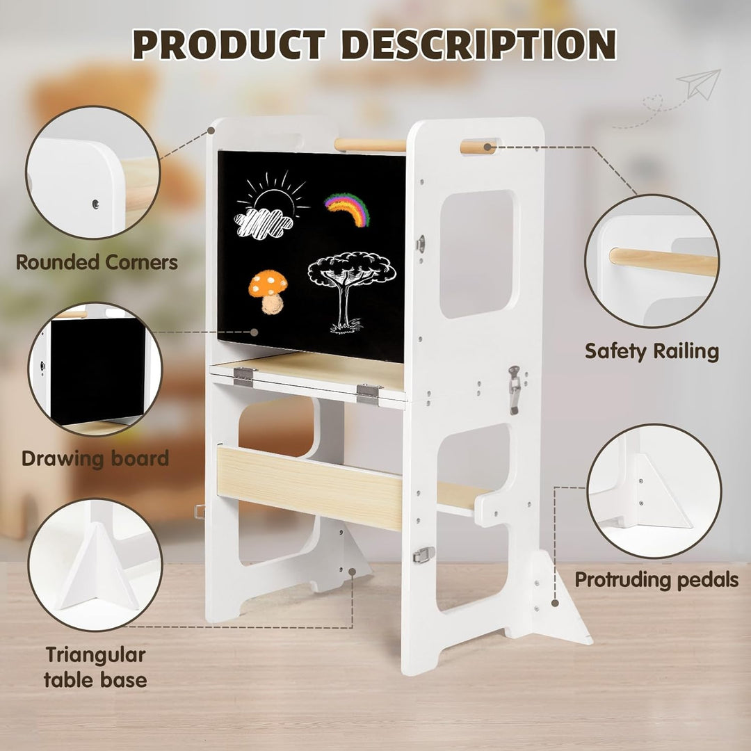 Labebe Lernturm ab 1 Jahr, Montessori Learning Tower mit Tafel, 3 in 1 Multifunktion Lernturm Klappb