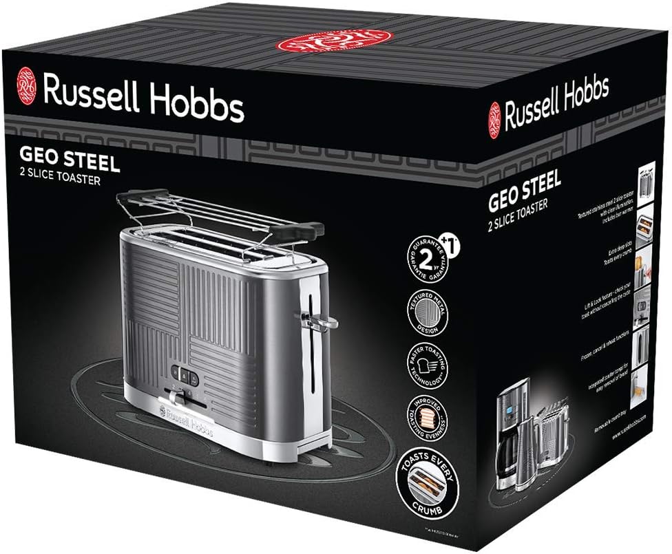 Russell Hobbs Toaster [für 2 Scheiben] Geo Edelstahl Grau (extra breite Toastschlitze, inkl. Brötche
