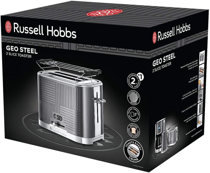 Russell Hobbs Toaster [für 2 Scheiben] Geo Edelstahl Grau (extra breite Toastschlitze, inkl. Brötche