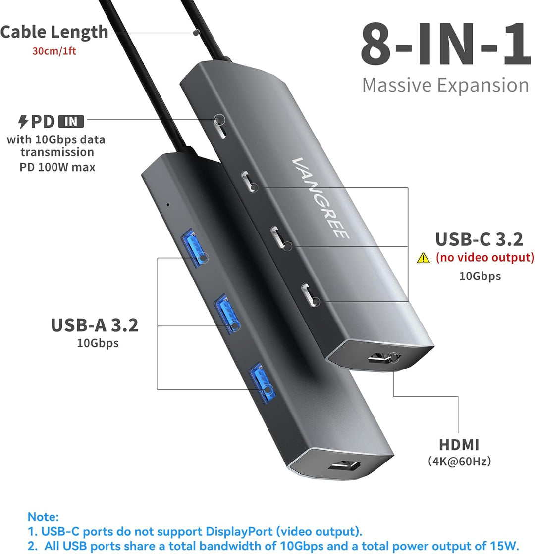 USB C Hub 10Gbps, 3 USB 3.2 Gen 2 Ports, 4K@60Hz HDMI, 100W PD, 2 USB 3.0 & SD/TF Card Reader, USB-C