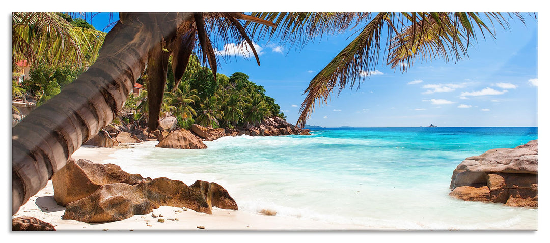 Glasbild Panorama | Wandbild aus Echtglas | Palmenstrand Seychellen | 100x40 cm | inkl. Aufhängung u