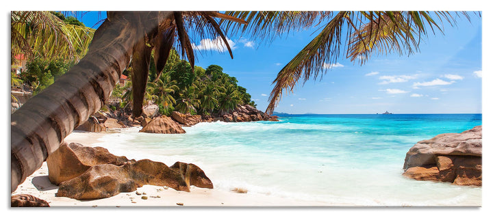 Glasbild Panorama | Wandbild aus Echtglas | Palmenstrand Seychellen | 100x40 cm | inkl. Aufhängung u