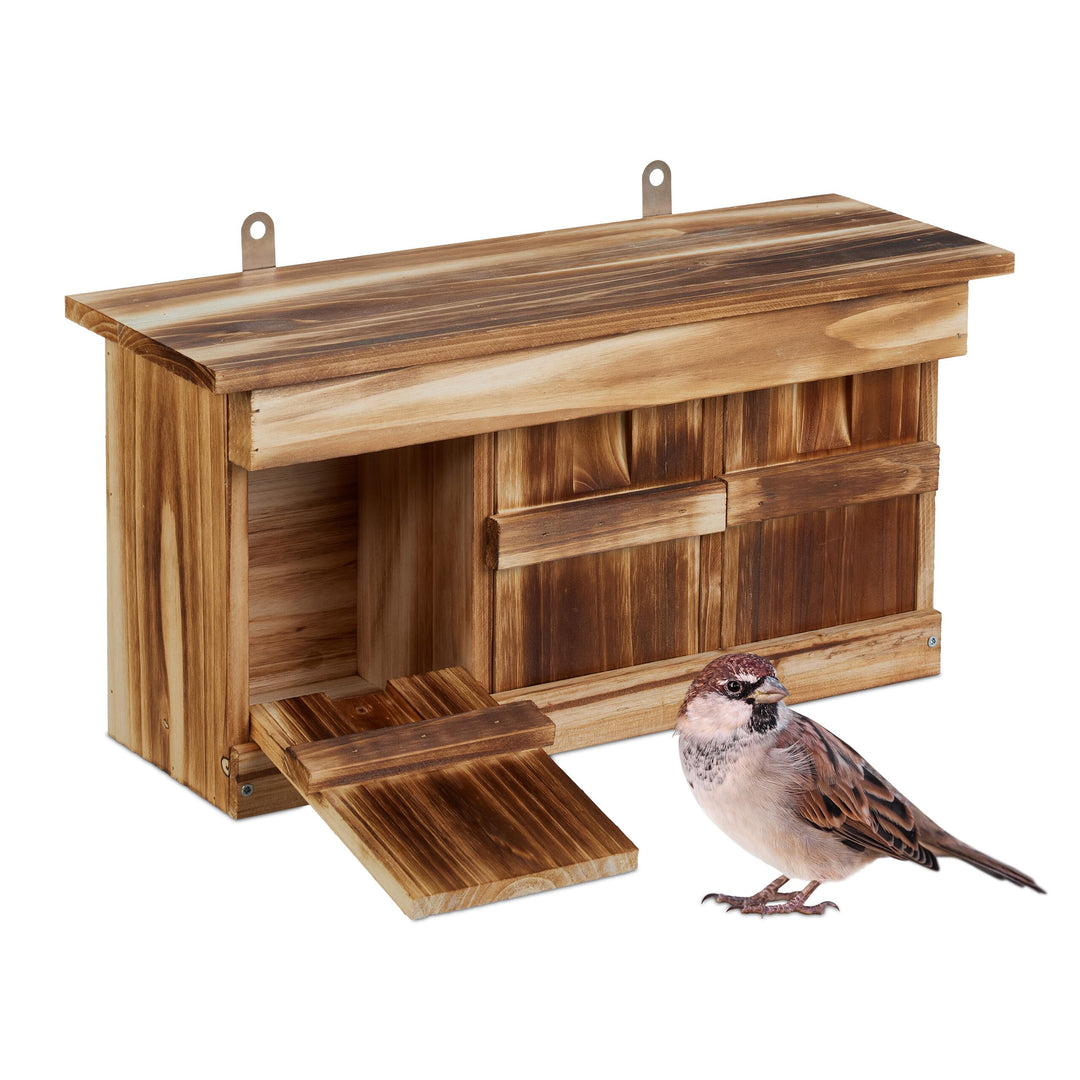 Relaxdays Nistkasten für Spatzen, 3 Brutkammern, Tannenholz, Einflugspalt HxB: 3 x 2 cm, Vogelhaus z