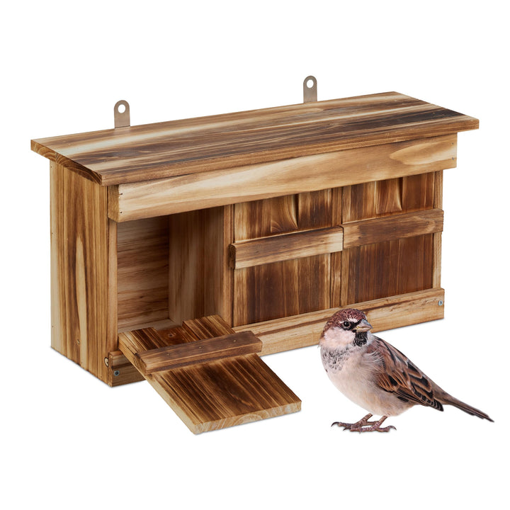 Relaxdays Nistkasten für Spatzen, 3 Brutkammern, Tannenholz, Einflugspalt HxB: 3 x 2 cm, Vogelhaus z