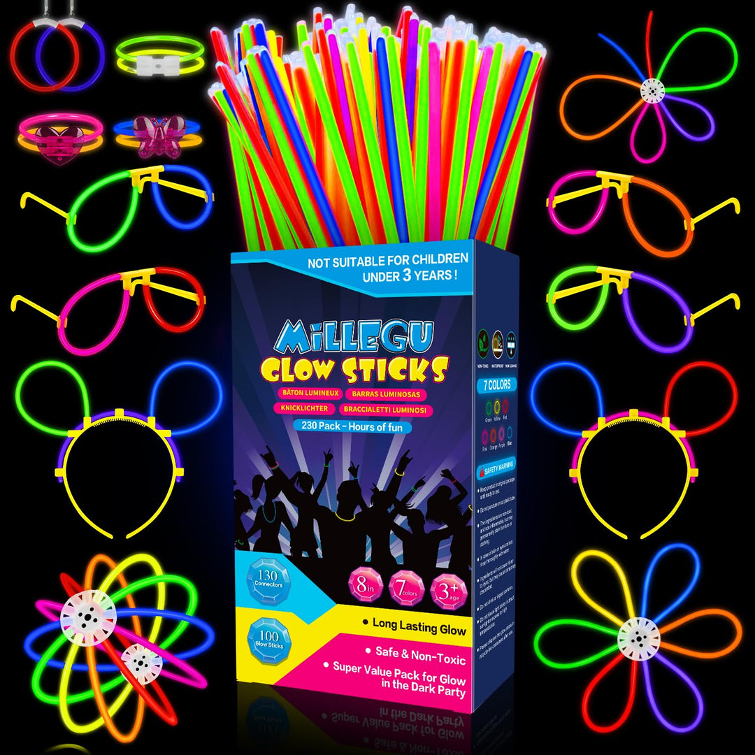 Knicklichter Party Set,100 Stück Leuchtstäbe 130 Verbinder,Neon Knicklichter Ketten und Leuchtbrille