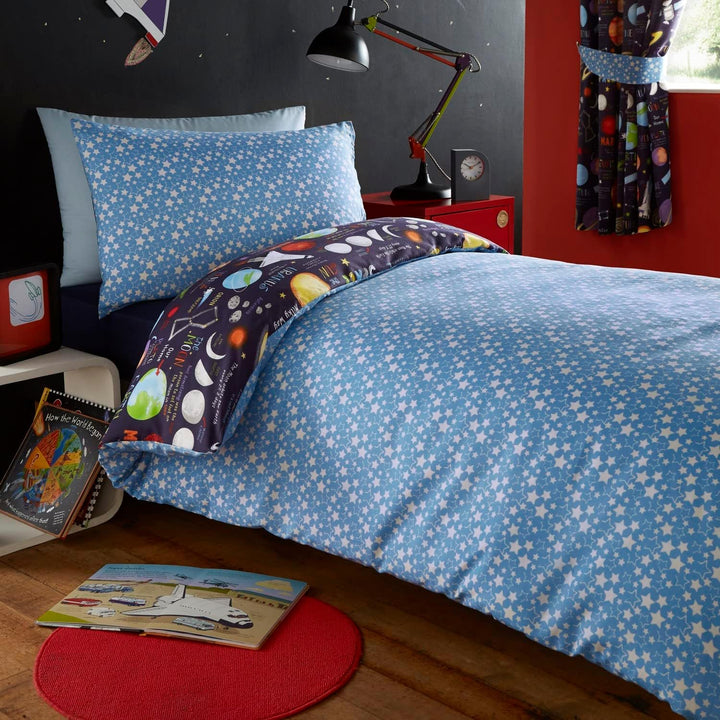 Kidz Club Bettbezug für Einzelbett und EIN Kissenbezug, Planetenmotiv, Schwarz, PPLAD1, Dunkelblau,