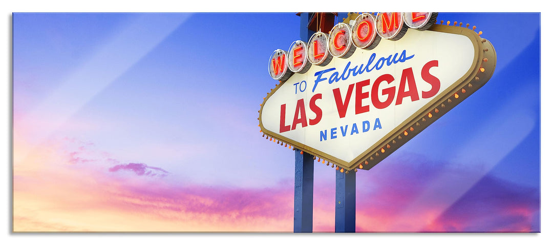 Glasbild Panorama | Wandbild aus Echtglas | Las Vegas Schild in der Dämmerung | 100x40 cm | inkl. Au