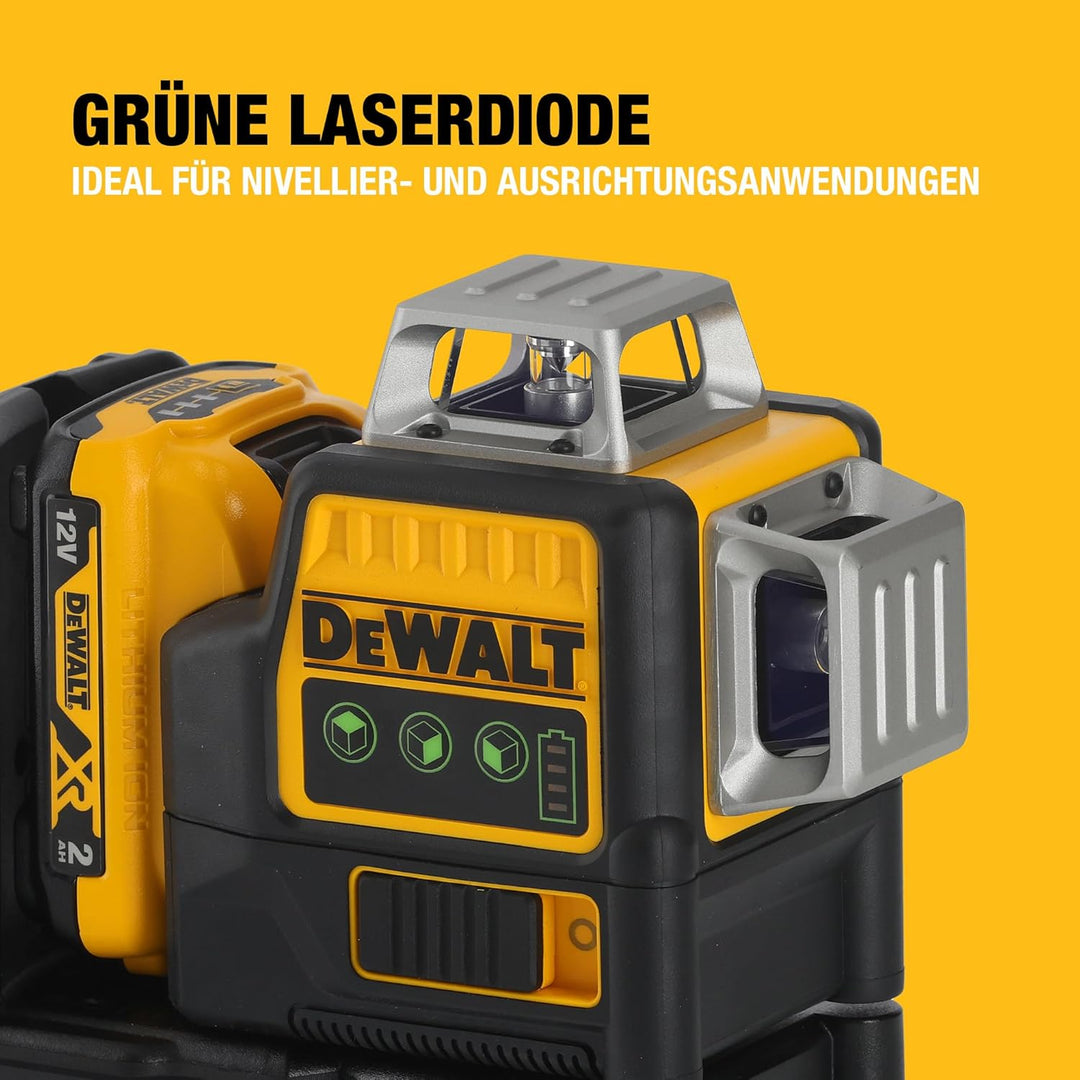 Dewalt Linienlaser (selbstnivellierender 3x360°,10,8V, 2Ah, manueller Modus ab 4° (Blinkmodus), Arbe