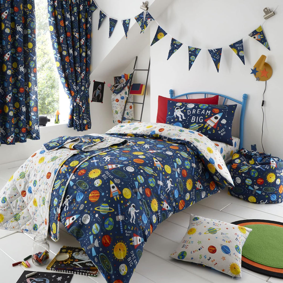 Happy Linen Company Bettwäsche-Set für Mädchen, Jungen, Kinder, Weltraumplaneten, Marineblau, wendba