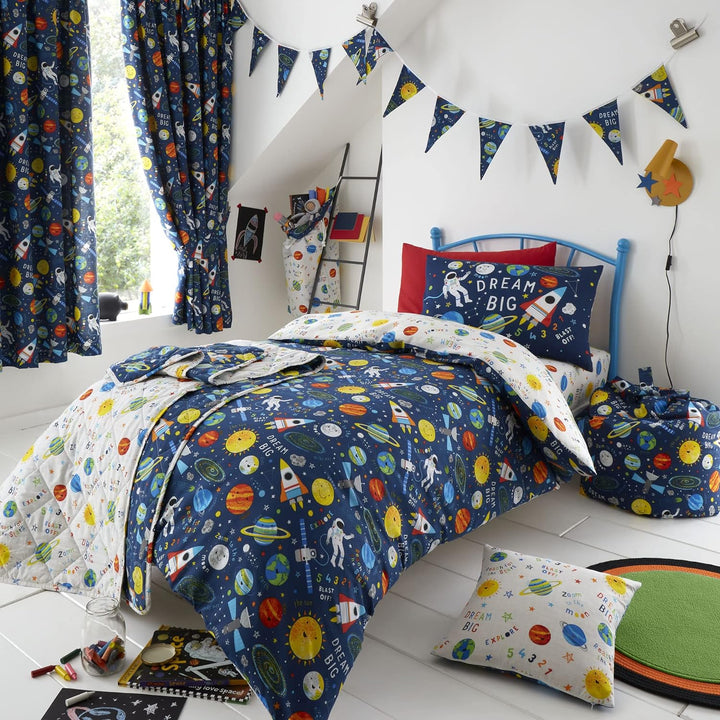 Happy Linen Company Bettwäsche-Set für Mädchen, Jungen, Kinder, Weltraumplaneten, Marineblau, wendba