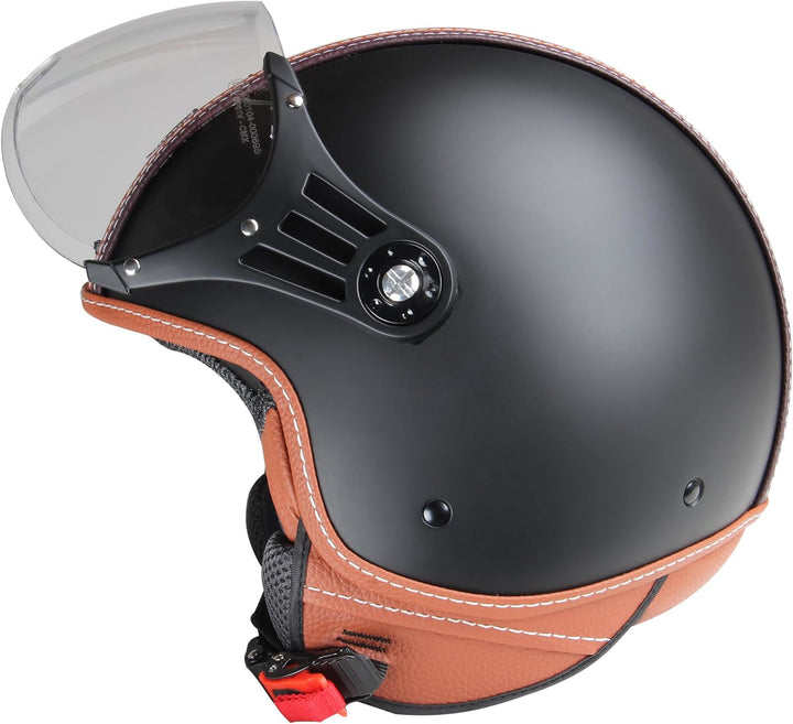 Motorradhelm Jethelm Rollerhelm CMX Hazel Grösse L matt schwarz mit braunem Leder und klarem Visier