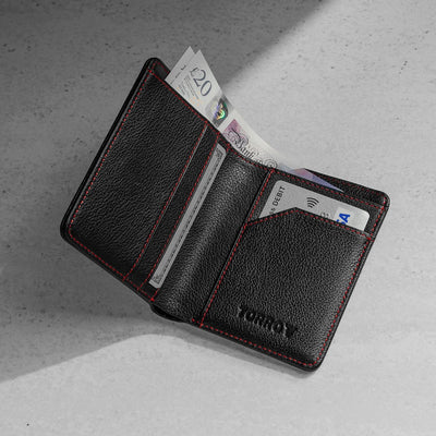 TORRO Herren Geldbörse - Premium-Echtleder-Geldbörse mit RFID-Schutz Slim Bi-Fold Schwarz mit Roten