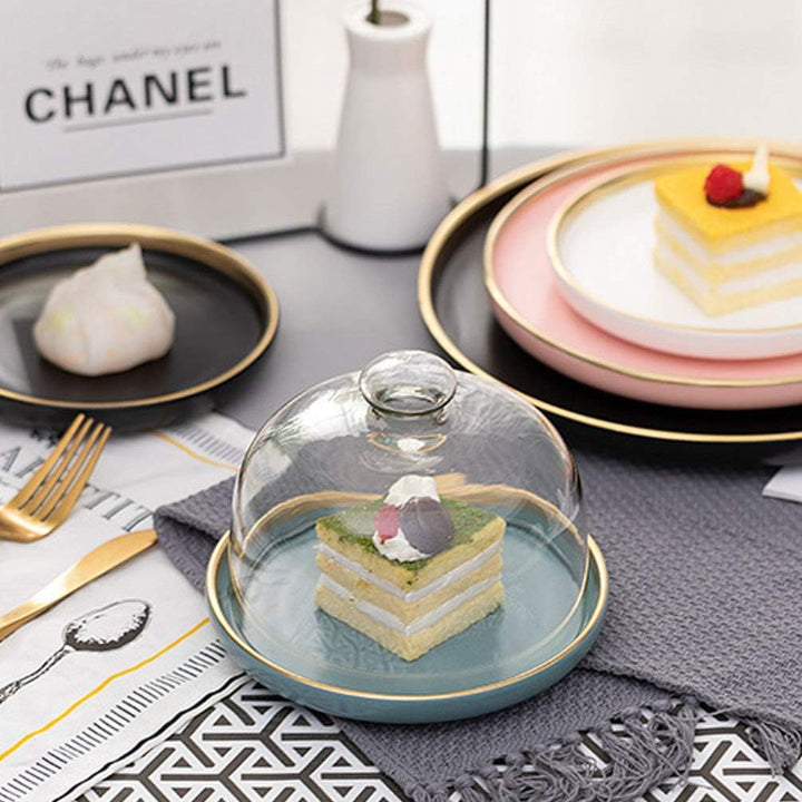1 Set Kuchenständer Glasglocke Glas Käseglocke mit Keramik Teller Torten Glashaube Kuchenglocke Tort