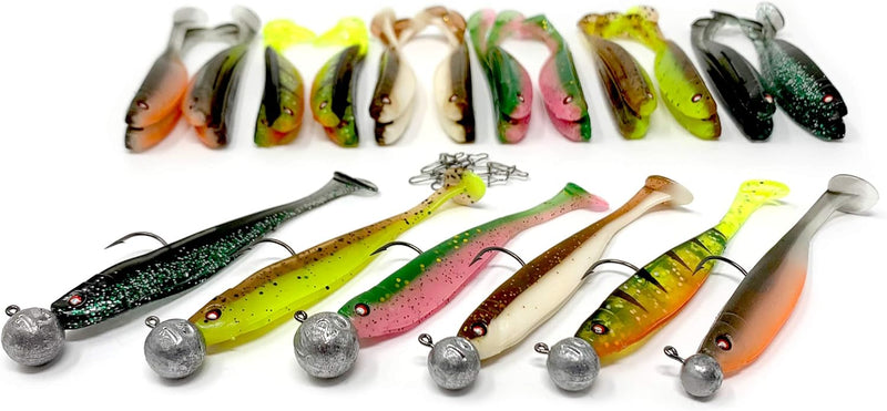 Zanderfang Gummifisch Box - Gummifische mit Jigkopf zum Zanderangeln mit Gummifisch - 30 Zander Gumm