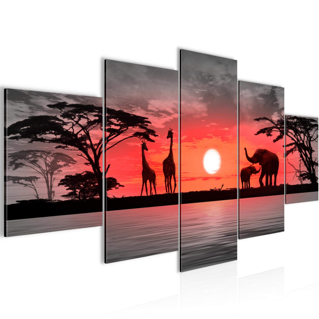 Runa Art Bild Wohnzimmer Schlafzimmer Afrika Sonnenuntergang 5 Teilig Giraffe Elefant Orange Wandbil